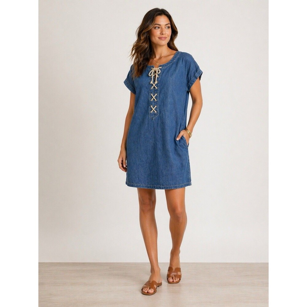 NWT Polo Ralph Lauren Denim Dress Womens 10 Lace Up Bust Blue Chambray Boho